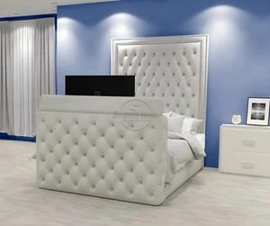 Modern King Size TV Bed with Lift-Up Storage & Smart Remote - Creme Plush Fabric - Picture 1 of 5