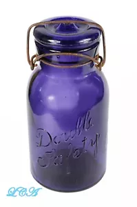 Colorful DOUBLE SAFETY antique quart size FRUIT JAR pristine purple FUNCTIONAL - Picture 1 of 7