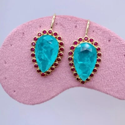 Pendientes colgantes cuarzo azul fucsia circonita cúbica gancho lágrima pendiente joyería Foto 1 de 4