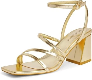 Modatope Women's Sandals Square Open Toe Strapy Chunky Block Heel Gold Sz 9 - Picture 1 of 7