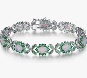 18K White Gold Plated Opal and Gemstone Tennis Bracelet - Green Emerald - Picture 1 of 2