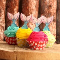 12 x Precut Fish mermaid tail Ariel Edible Rice Wafer Card Cupcake Cake Toppers