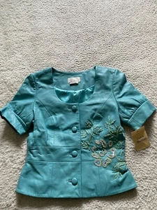Spiegel Women Sequin Floral Short Sleeve Scoop Leather Jacket Turquoise Size 6 - Picture 1 of 8