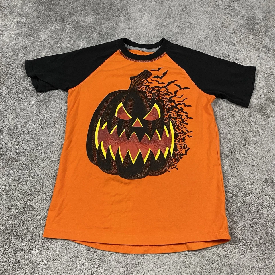 Boys Large Orange Jack O' Lantern Halloween T-Shirt Glows Bat Pumpkin Tee Shirt - Image 1 of 4