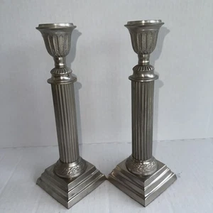 Vtg Empire Column Style Weighted Pewter Candlesticks Set Of 2 - 8”Hx2.5”W - Picture 1 of 6