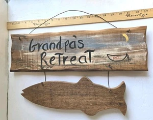 Grandpa's Retreat all Wood sign 19" w/ hanger Handmade '93 Rustic Fish Dad Cave - Picture 1 of 24