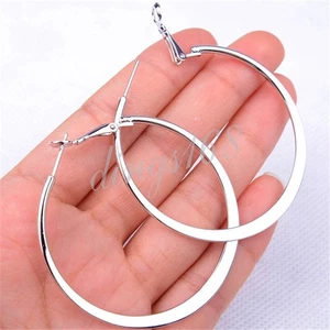 Genuine 18K White Gold Filled 2" Large LightWeight Round Flat Hoop Earrings K903 - Picture 1 of 1