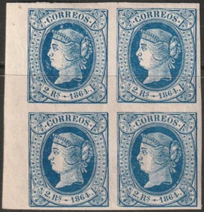Spain 1864 Sc 66a margin block MH* experts mark - Picture 1 of 2