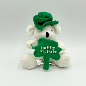 Happy  St Patrick’s Day  Vintage Sitting White Irish 5 1/2" Bear with Green Hat - Picture 1 of 7