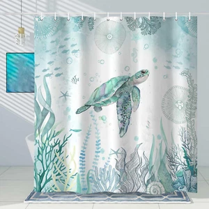 Sea Turtle Shower Curtain, Blue Teal Ocean Beach Decor Bathroom Curtains, Nautic - Picture 1 of 12
