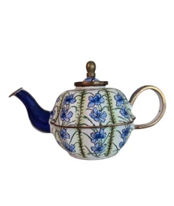 Kelvin Chen Iris Miniature Enamel Metal Teapot Blue, White & Green 1999 Vintage  - Picture 1 of 5
