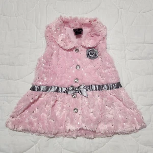 Girls Rule! Girls 6 Pink Gray Bow Flower Rhinestone Button Sequins Faux Fur Vest - Picture 1 of 6