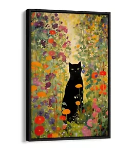 GUSTAV KLIMT BLACK CAT IN FLOWERS -FLOAT EFFECT FRAMED CANVAS WALL ART PRINT - Picture 1 of 8