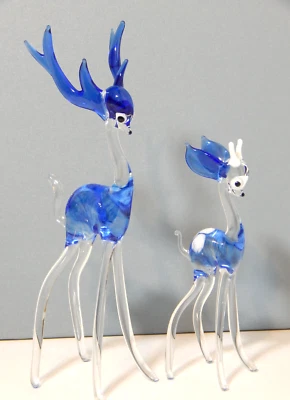 Vintage Art Glass Set Tall Blue & Clear Bambi Reindeer Murano Figurines 23 cm H - Image 1 of 4