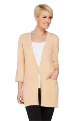 Joan Rivers 3/4 Slv Boyfriend Cardigan Pockets Crochet Back Bisque M NWT — 第 1/4 张图片