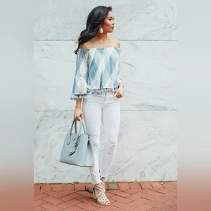 Tularosa Alexa Gingham Tasseled Pom-Pom Off Shoulder Cottagecore in M Neu mit Etikett - Bild 1 von 12