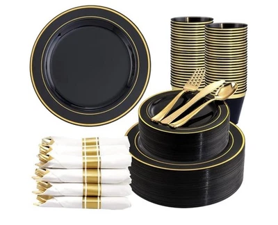 Platos de plástico negro y dorado 350 piezas con cubiertos desechables para fiestas Foto 1 de 4