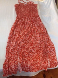 Pacific Vibes Maxi Sun Dress Red White Ditsy Floral XL Slits Smocked Bodice NWT - Picture 1 of 11