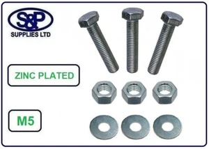 M5 / 5mm FULL THREAD HEX SET BOLT BZP COMPLETE WITH FULL NUT & WASHER ZINC PLT - Picture 1 of 2