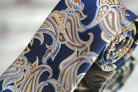 JZ Richards Men's Tie Marine Blue Copper Gold Paisley Woven Luxury Silk Necktie