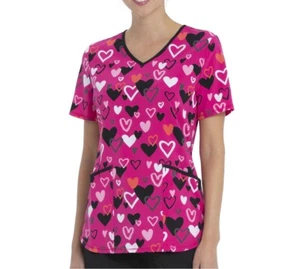 Scrubstar Womens Charming Hearts V-Neck Scrub Top Stretch Soft Pockets Small - Picture 1 of 4