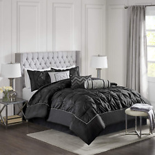 Laurel King Size Bed Comforter Set Bed in a Bag - Black , Wrinkle Tufted Pleated