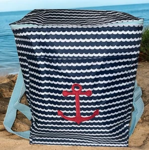 Thirty One Picnic Thermal Bag In Scallop Stripe Embroidered Red Anchor Cooler - Picture 1 of 8
