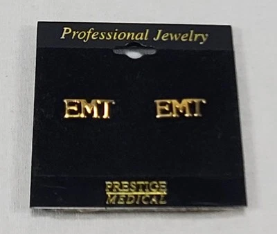 Set of 2 Gold Toned EMT Cut Out Letter Lapel Pin Collar Tie Tac   - Image 1 of 4