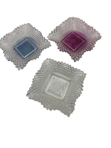 Set of 3  Vintage Indiana Glass Diamond Cut Design Square Dish w/ ruffled Edges - Picture 1 of 5