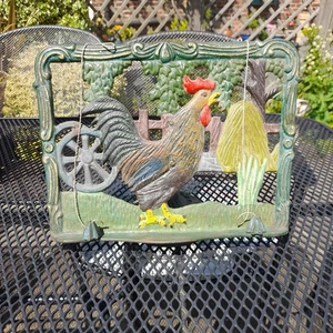 Vintage Cast Iron Cookbook Stand Pedestal Holder Cockerel Page Weights Rustic - Picture 1 of 7