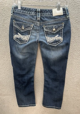 Pantalones de mezclilla M de Maurices para mujer 1/2 azul ultra bajo recortado punto grueso solapa bolsillo Foto 1 de 4