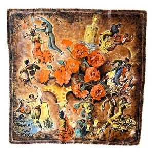 Vintage 80s Flamenco Dancing Print Orange Scarf, Salsa Retro 90s Colourful - Picture 1 of 5
