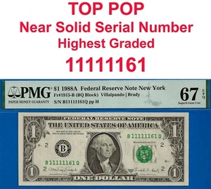 1988A $1 New York FRN PMG 67EPQ top pop fancy near solid serial number 11111161 - Picture 1 of 5