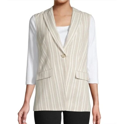 Chaleco a rayas blanco tostado mezcla lino calvin klein talla 12 mujer carrera Foto 1 de 4