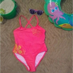 Sand N Sun Swimsuit Girls m 7/8 Pink Rhinestone 90s Y2k Vintage Hawaiian Beach - Picture 1 of 5
