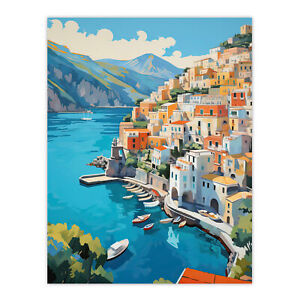 Oeuvre d'art de la côte amalfitaine bleu orange vert Italie paysage art mural impression