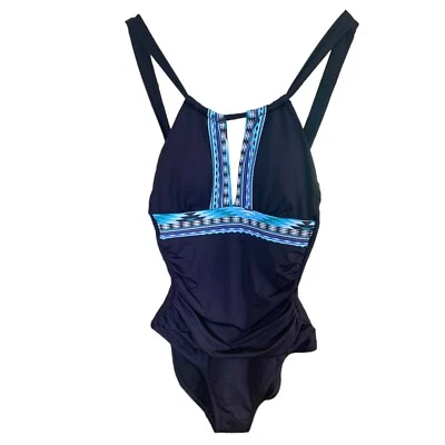NUEVO CON ETIQUETAS $114- Traje de baño negro Kenneth Cole azul estampado azteca Peekaboo tónico abdominal XS Foto 1 de 3