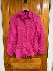 New Lauren Ralph Lauren Pink Linen Button Up Shirt M Gold Buttons Classic Fit - Picture 1 of 7