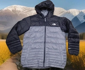 THE NORTH FACE 550 HOODED REVERSIBLE DOWN JACKET Boy's sz Large 14/16 Gray/Black - Picture 1 of 14