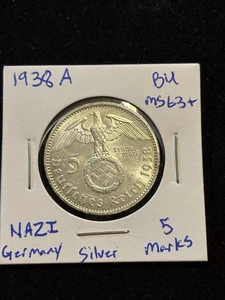 1938 A 5 Mark Silver Coin, High Grade UNC GEM, 3rd Reich Germany, Hindenburg - Picture 1 of 2