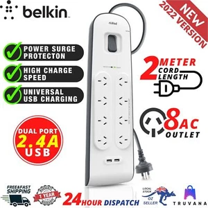 Belkin 8 Way Outlet Surge Protector 2M Power Board Economy 2.4A USBx2 - Picture 1 of 12