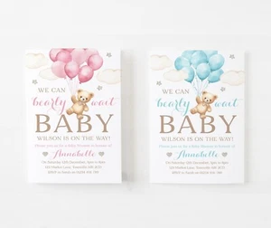 10 PERSONALISED BABY SHOWER INVITATIONS - TEDDY BEAR PINK BLUE BOY GIRL - Picture 1 of 4