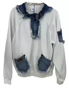 VTG Tultex Upcycled Sweatshirt Size XL White Gitano Jeans Patches Women's 90's - Picture 1 of 12