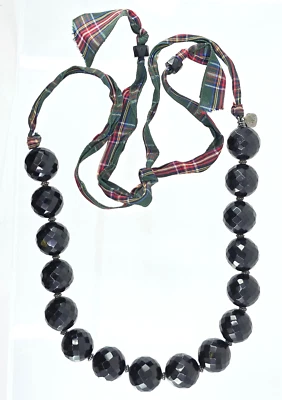 VTG RALPH LAUREN 18mm BLACK FACETED GLASS BEAD TARTAN PLAID RIBBON TIE NECKLACE - Image 1 of 4
