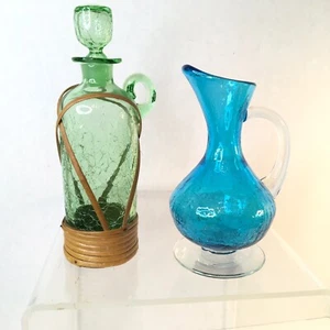 2 Vtg Art Glass Crackle Glass Pitcher Decanters Green And Blue Mid Century - Picture 1 of 10