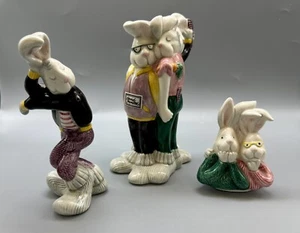 Set 3 Vintage Fitz & Floyd Ceramic Bunny Sock Hoppers Pitcher, Dancer - Picture 1 of 3