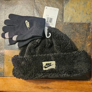 Nike Youth 2 Piece Winter Hat And Gloves Set One Size Color Black - Picture 1 of 5
