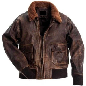 Mens Aviator Navy G-1 Flight Jacket Real Brown Distressed Leather Bomber Jacket - Bild 1 von 3