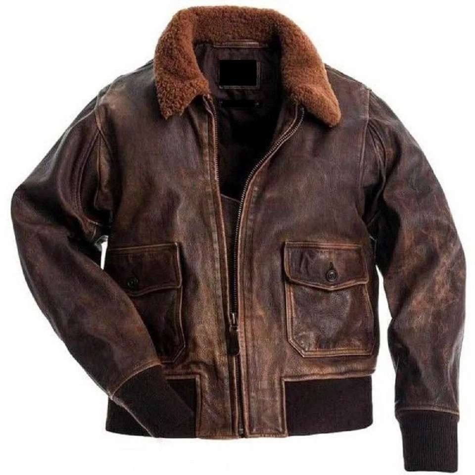 Mens Aviator Navy G-1 Flight Jacket Real Brown Distressed Leather Bomber Jacket Foto 1 de 3