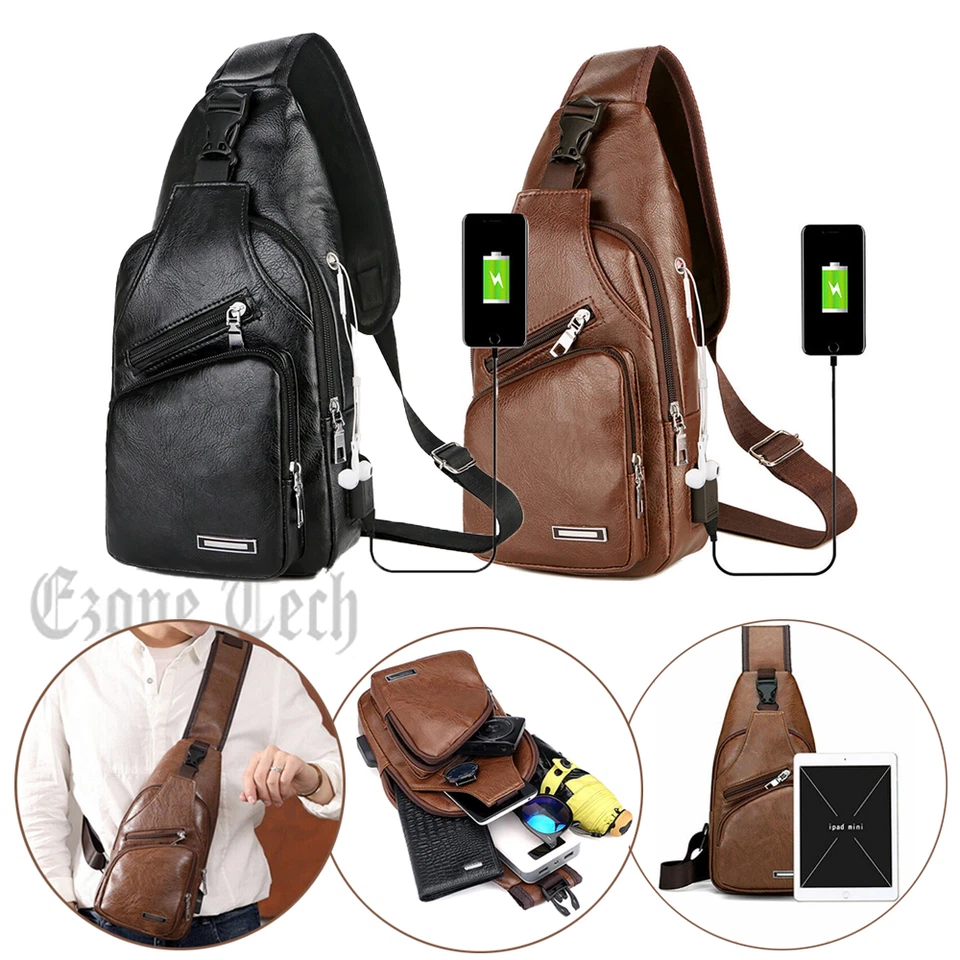 Mochila bandolera de cuero PU para hombre Riñoneras Carga USB NUEVA Foto 1 de 4